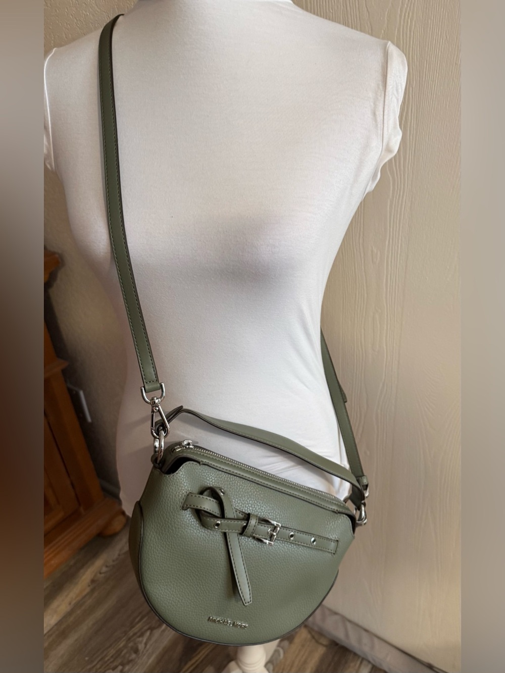 Like New MICHAEL KORS Emilia Sage Green Pebbled Leather Crossbody Half Moon Bag